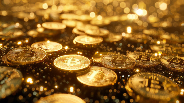 Background with golden bitcoin coins and digital technology The whole picture is clear, 3d rendering.