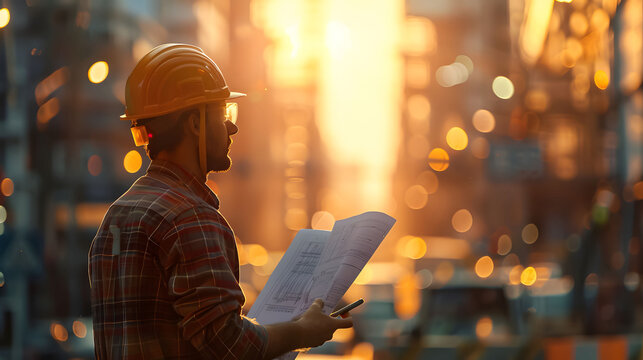 Construction site workers in safety gear, industrial cranes Vibrant lighting, cinematic depth of field