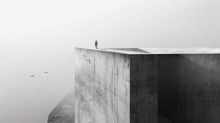 A man standing on a concrete structure in the middle of fog, AI