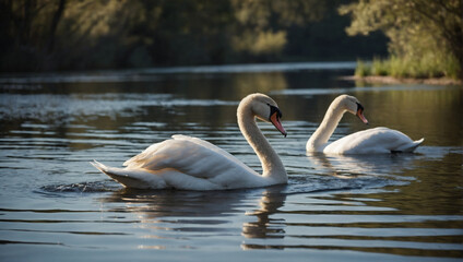 A pair of swans gliding gracefully across the surface of a tranquil pond. - obrazy, fototapety, plakaty