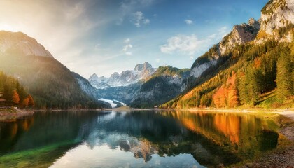 dramatic autumn scene of vorderer gosausee lake with dachstein glacier on background exciting morning view of austrian alps upper austria europe beauty of nature concept background - obrazy, fototapety, plakaty