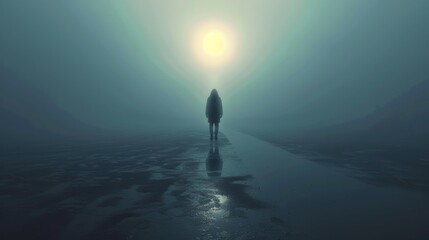A person walking in the fog with a light shining behind them, AI