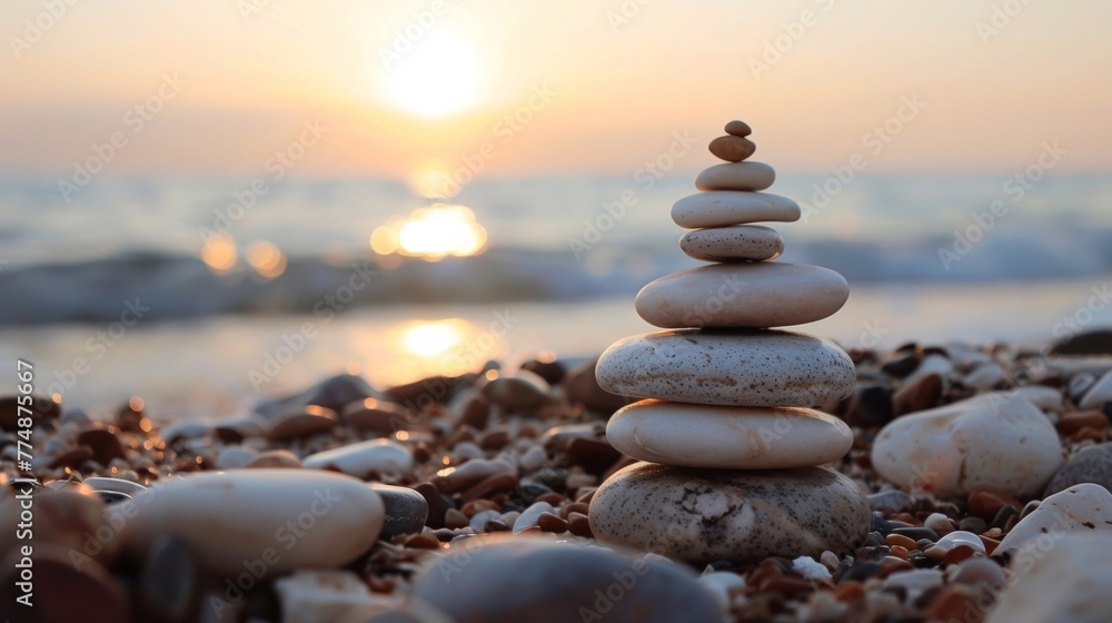 Poster a stack of rocks on a beach with the sun setting in front, ai