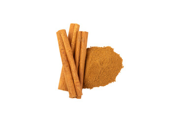 Cinnamon powder  isolated on white background. Spicy spice for baking, desserts and drinks. Fragrant ground cinnamon.