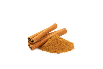 Cinnamon powder  isolated on white background. Spicy spice for baking, desserts and drinks. Fragrant ground cinnamon.