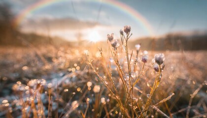beautiful wild nature meadow with frozen grass and flowers on a winter morning with golden sunrise light and colorful rainbow waterdrop reflections idyllic nature landscape