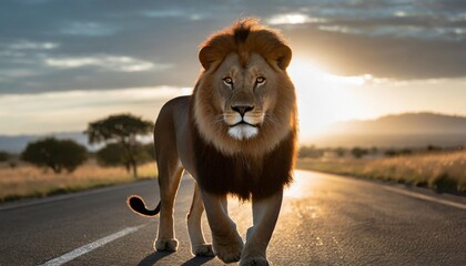 a male lion panthera leo walks in a spotlight of a vehicle at night - obrazy, fototapety, plakaty
