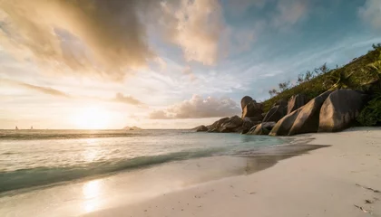 Zelfklevend Fotobehang Anse Source D'Agent, La Digue eiland, Seychellen sunset at anse source d argent beach la digue seychelles