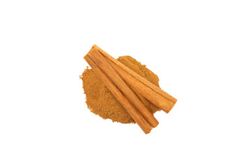 Cinnamon powder  isolated on white background. Spicy spice for baking, desserts and drinks. Fragrant ground cinnamon.