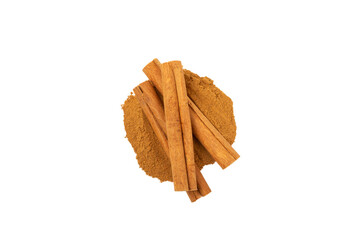 Cinnamon powder  isolated on white background. Spicy spice for baking, desserts and drinks. Fragrant ground cinnamon.