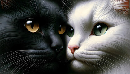 A highly detailed and realistic painting of two cats close together, face to face. One cat has luxurious black fur with deep, golden eyes, and the other is white cat - obrazy, fototapety, plakaty