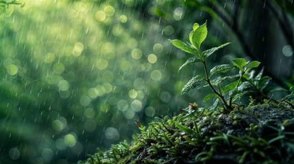 Fototapeta na wymiar Green plant in the rain with bokeh background, nature concept