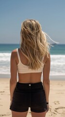 A woman with long blonde hair standing on a beach, AI