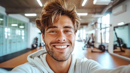 A man smiling while taking a selfie in the gym, AI