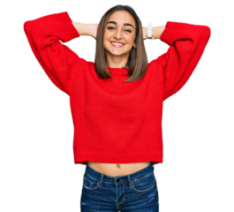 Beautiful brunette woman wearing casual winter sweater relaxing and stretching, arms and hands behind head and neck smiling happy
