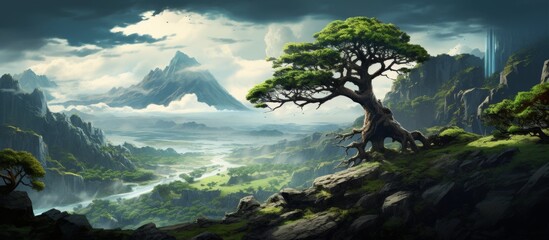 Tree standing tall on a mountain peak overlooking a scenic valley below - obrazy, fototapety, plakaty