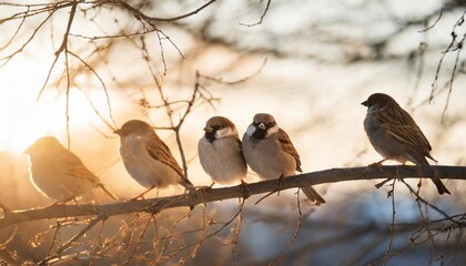 small funny birds sparrows sitting on a branch on the panoramic picture