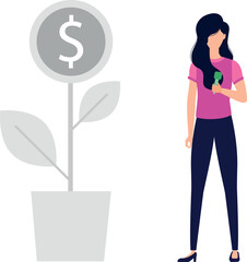 The girl is standing next to the dollar plant.