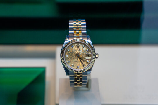 Rolex Luxury Watches For Sale In Shop Window Display in NEW YORK, USA April 01, 2024