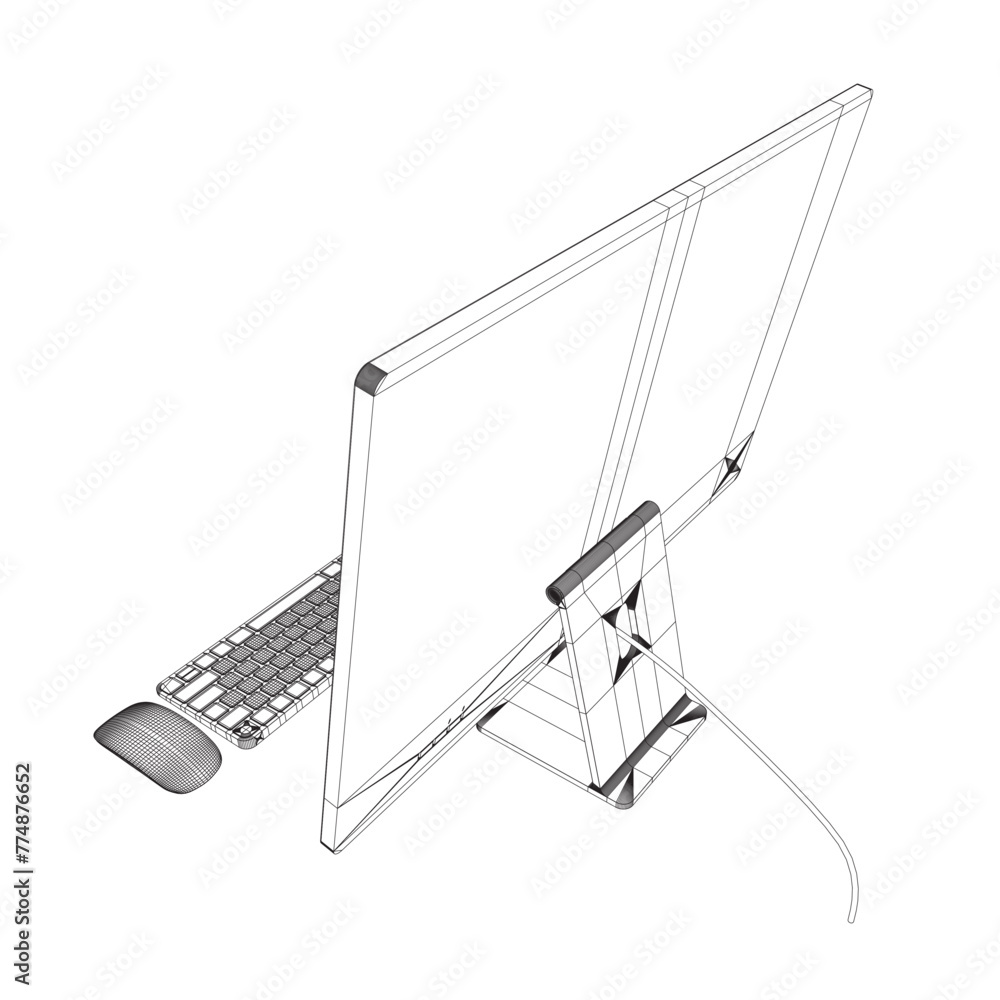 Poster monitor pc mockup. wireframe thin frame monitor or pc with mouse and keyboard isolated on white back