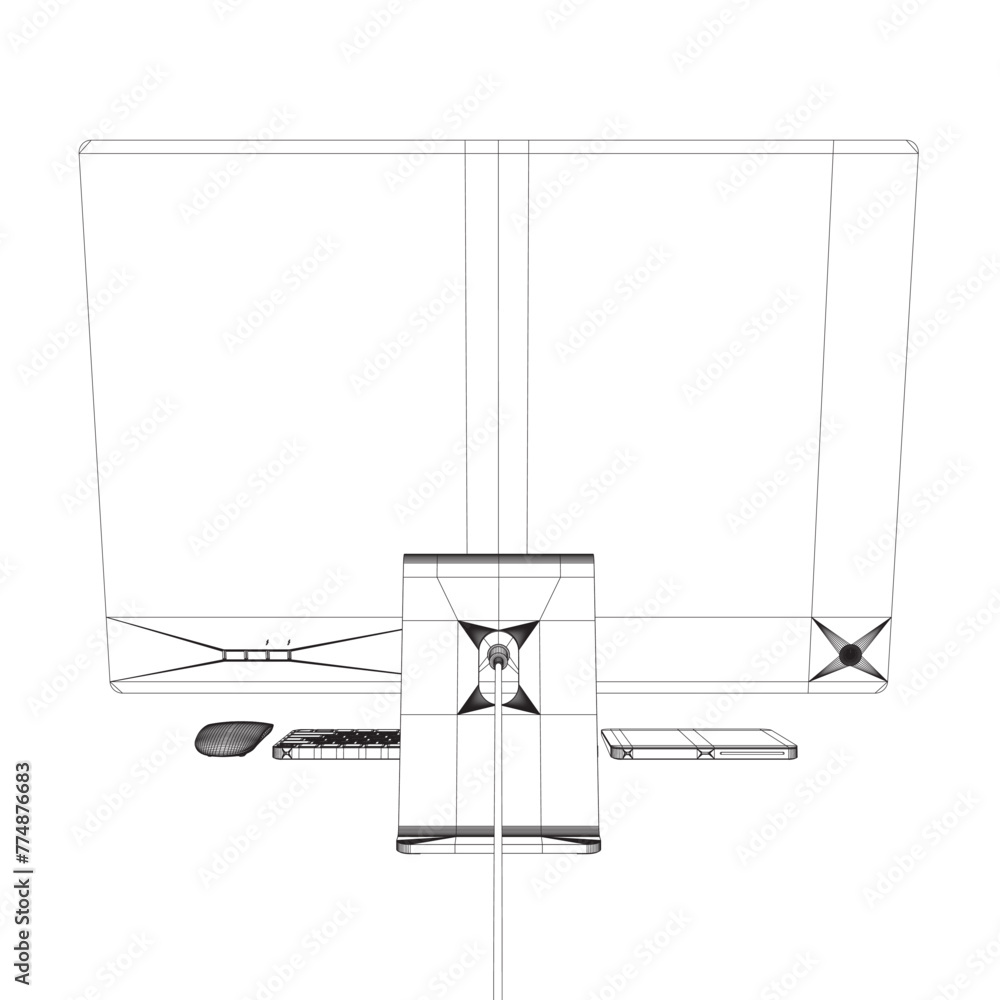 Poster monitor pc mockup. wireframe thin frame monitor or pc with mouse and keyboard isolated on white back