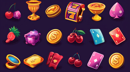 Set of slot game icon with colorful on dark background, Illustration