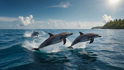 Obraz premium A pod of dolphins frolicking in the waves off the coast of a tropical island.