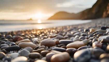 close up of pebble stones and rocks on a beach with sunset bokeh light background generative ai