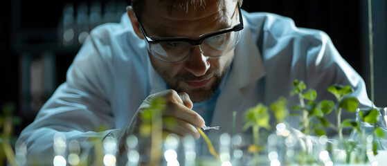 Scientist studying plant tissue cultures in flasks Isolated on black, cinematic depth of field