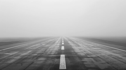 A black and white photo of an empty highway in the fog, AI