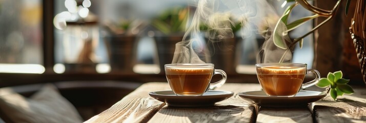 A cozy cafe scene with steaming cups of coffee on rustic wooden tables, real photo, Creative coffee banner panorama wallpaper - obrazy, fototapety, plakaty