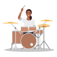 Drummer musician playing modern music at drum kit. Girl player, solo performer with drumsticks performing on percussion instrument with cymbals. Flat vector illustration isolated on white background