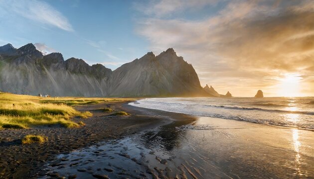 vestrahorn mountaine on stokksnes cape in iceland during sunset amazing iceland nature seascape popular tourist attraction best famouse travel locations scenic image of iceland