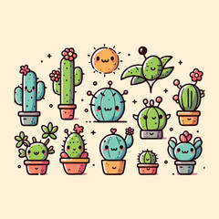 Vector set of colorful cactus plants in colored pots with outlines. Exotic and Tropical Plants - Cacti for design isolated on solid color background. Hand drawn cactus for design.