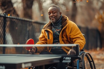 African American man playing table tennis in a wheelchair in the autumn park. Disabled person without the ability to move independently. Concept inclusivity, healthcare.  - obrazy, fototapety, plakaty