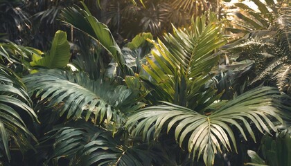 tropical rainforest foliage plants bushes ferns palm philodendrons and tropic plants leaves in tropical garden on black background green variegated leaves pattern nature frame forest background - obrazy, fototapety, plakaty