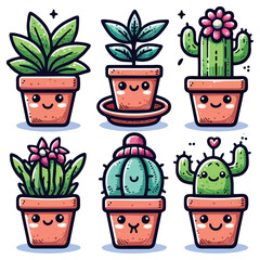 Vector set of colorful cactus plants in colored pots with outlines. Exotic and Tropical Plants - Cacti for design isolated on solid color background. Hand drawn cactus for design.