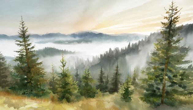 watercolor green landscape of foggy forest hill evergreen coniferous trees wild nature frozen misty taiga horizontal watercolor background hand painted watercolor illustration of misty forest