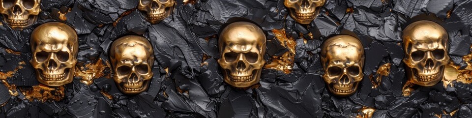 A group of gold skulls are arranged on a black background, AI