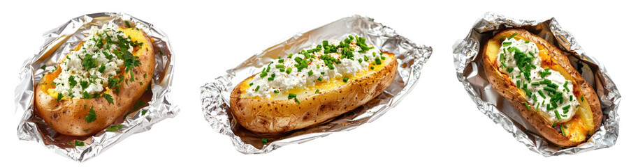 Delicious baked potato in aluminum foil with sour cream, isolated or transparent