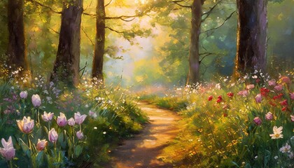a painting of a path through a forest filled with flowers generative ai