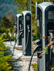 Partial details of electric vehicle charging piles, simple background