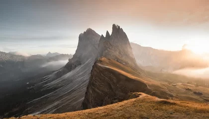 Meubelstickers epic misty morning landscape of dolomites alps majestic seceda peak tyrol italy europe © Claudio