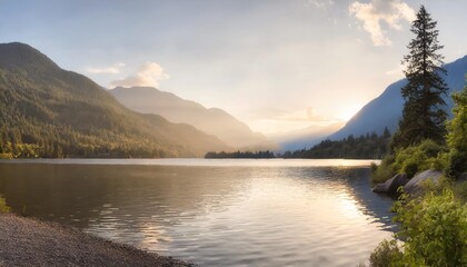panoramic view of buntzen lake surrounded by canadian mountain landscape sunny summer evening located in anmore vancouver british columbia canada nature background panorama - obrazy, fototapety, plakaty
