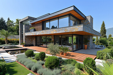 Fototapeta premium back exterior of modern luxury villa house cottage with a landscape design of garden and patio yard