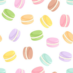 Macaroon cookies seamless pattern. Sweets background. Vector cartoon illustration of colorful French dessert. 