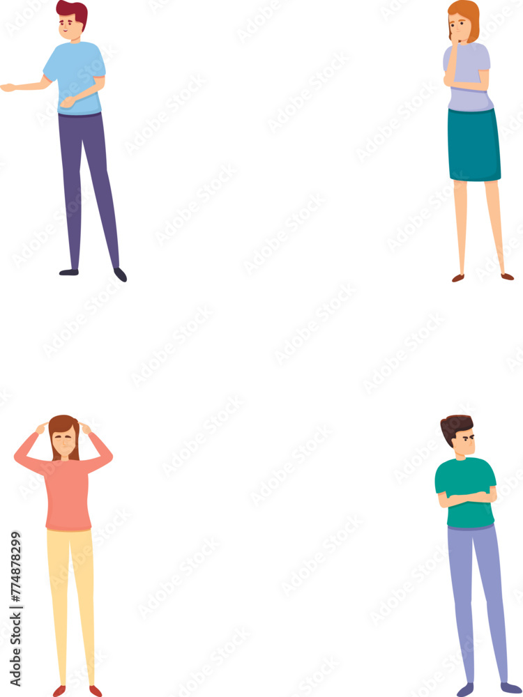Poster decision making icons set cartoon vector. various man and woman thinking. problem solving, finding s