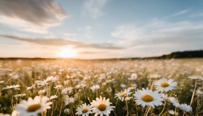 summer landscape with daisies and blue sky nature background