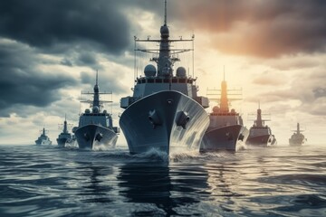 Modern naval warships in military exercises, displaying power and readiness in the open sea.