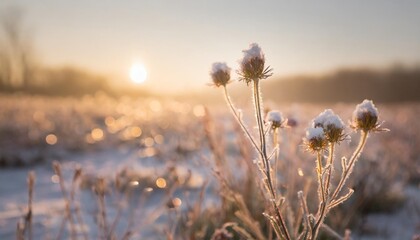 frozen icy flowers in winter frost covered wildflowers in winter field on the evening or morning ai generative